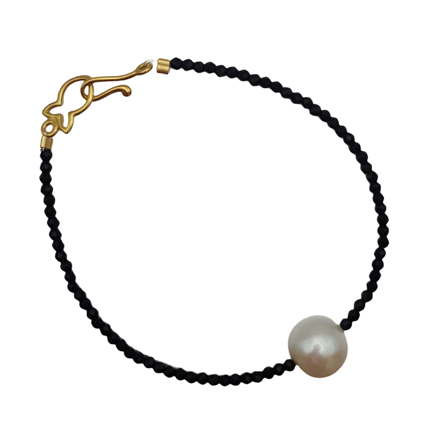 fine stranded Black Spinel gemstone with white single pearl gold clasp