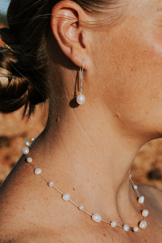 Silver Pearl Drop Earrings "Long Hook" | The Courthouse Collection | Australian Designer Pearl Jewellery