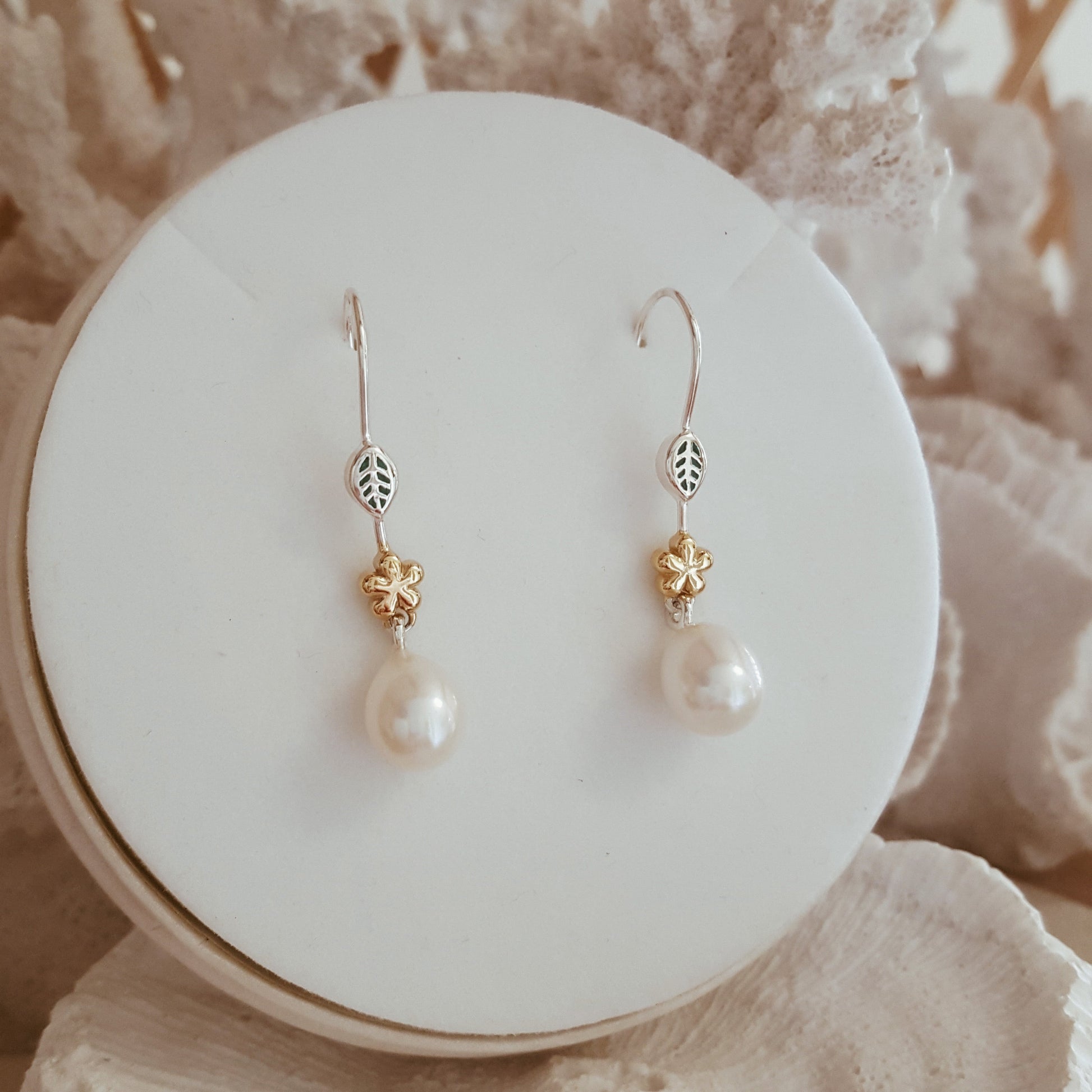 Pearl Earrings 'Spring' pearl drop earring gold frangipani| The Courthouse Collection