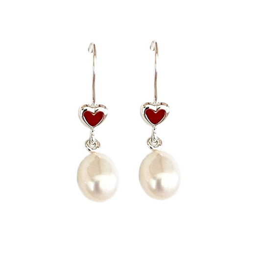 Silver Pearl Heart Earrings