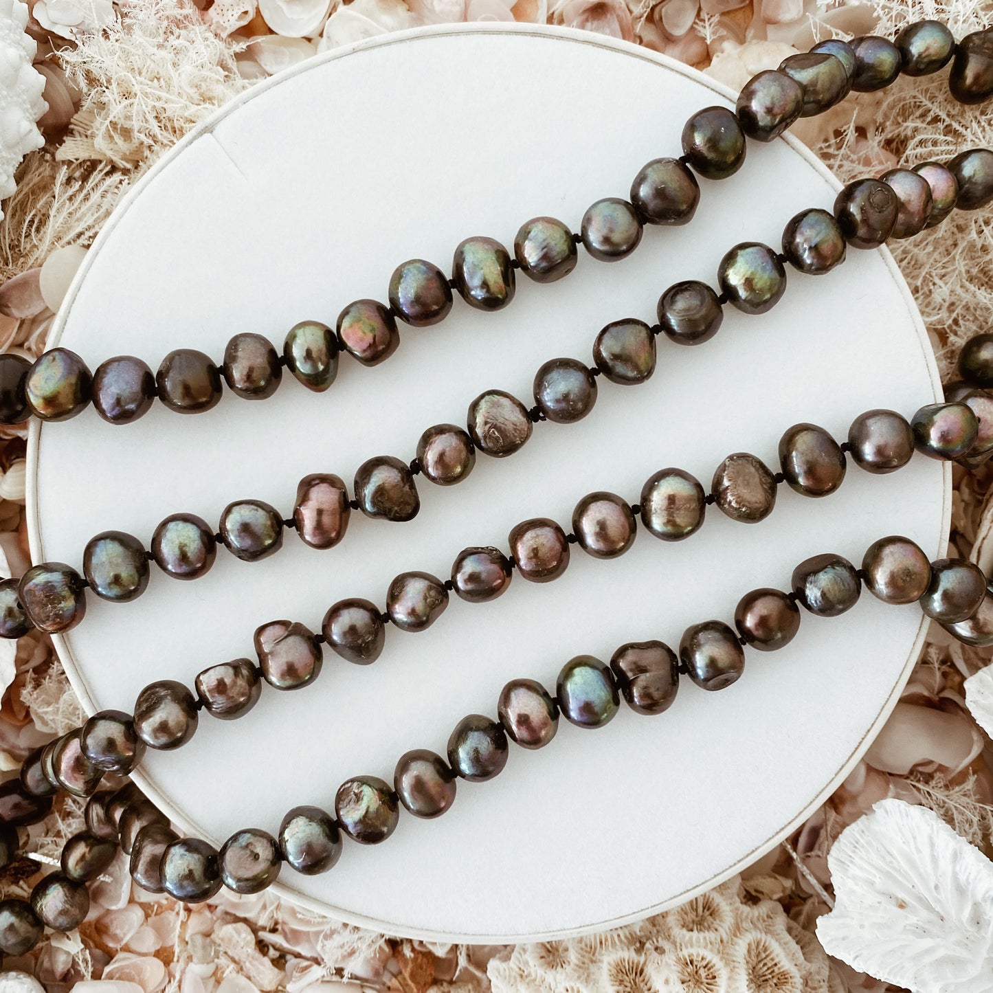 “Longstrand’ Pearl Necklace  Peacock black Cultured Freshwater Pearls 160cm